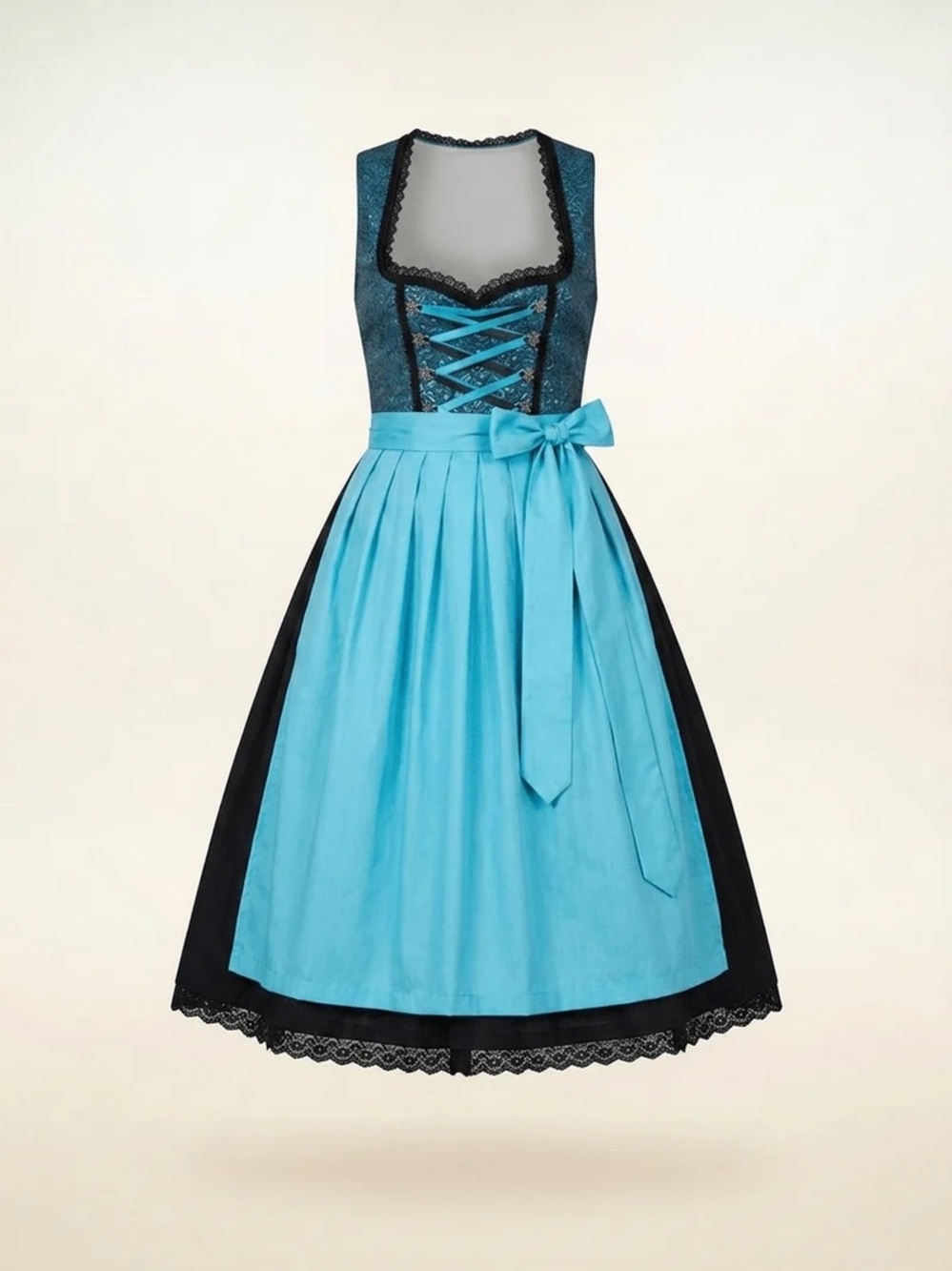 Teal and Black Authentic Lace-Up Women’s Dirndl Dress